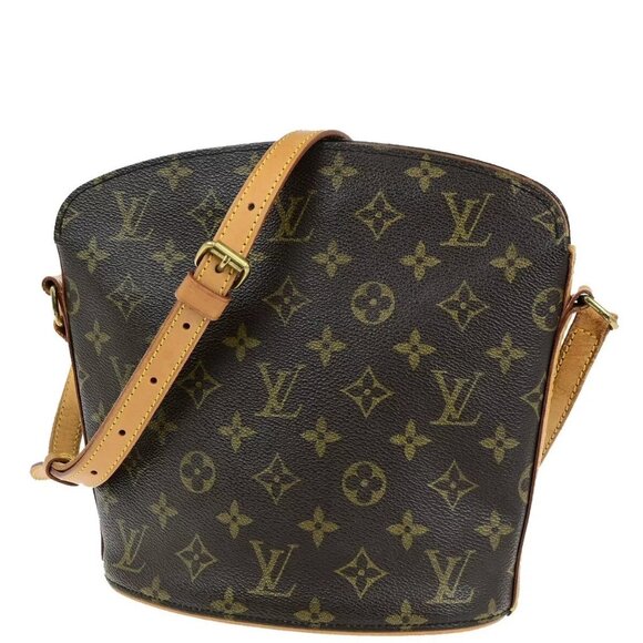 Auth LOUIS VUITTON Logo Drouot Shoulder Bag Monogram Leather Brown - Picture 1 of 16